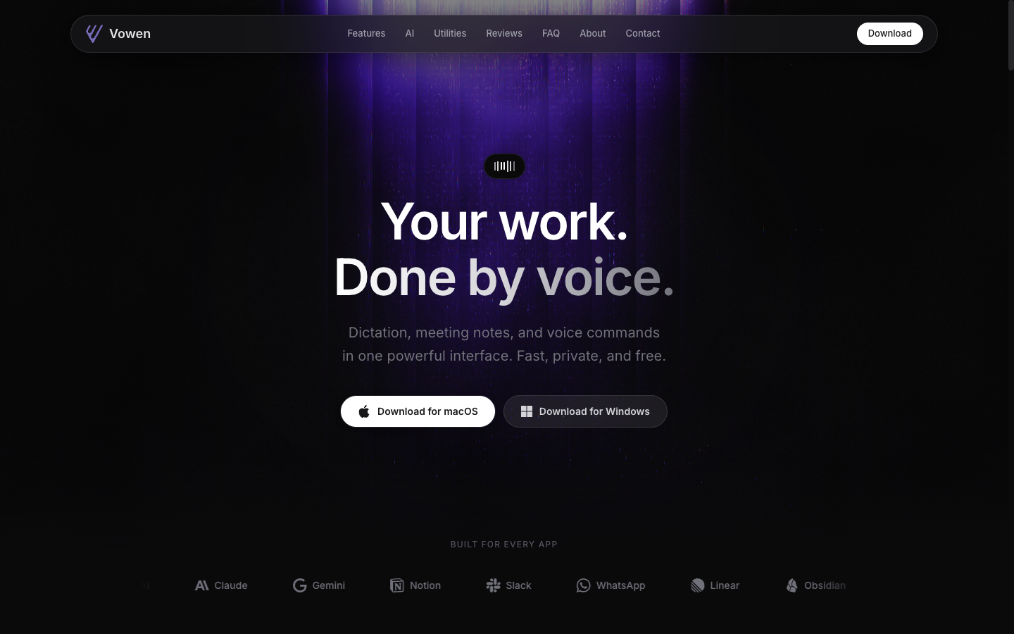 Сайт Vowen — главная страница с кнопкой Download for macOS